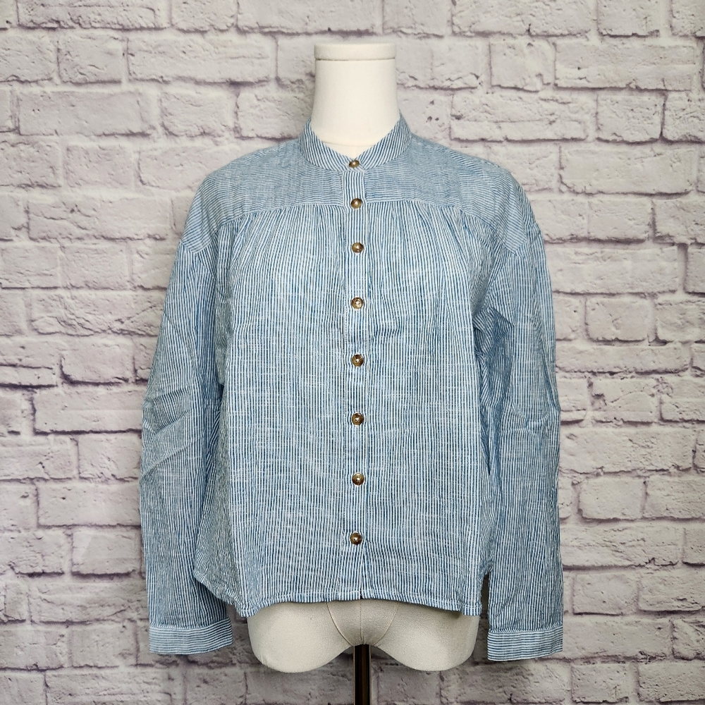 ANTHROPOLOGIE PILCRO Peasant Buttondown Blouse Blue White Stripe Sz XS OB1466686